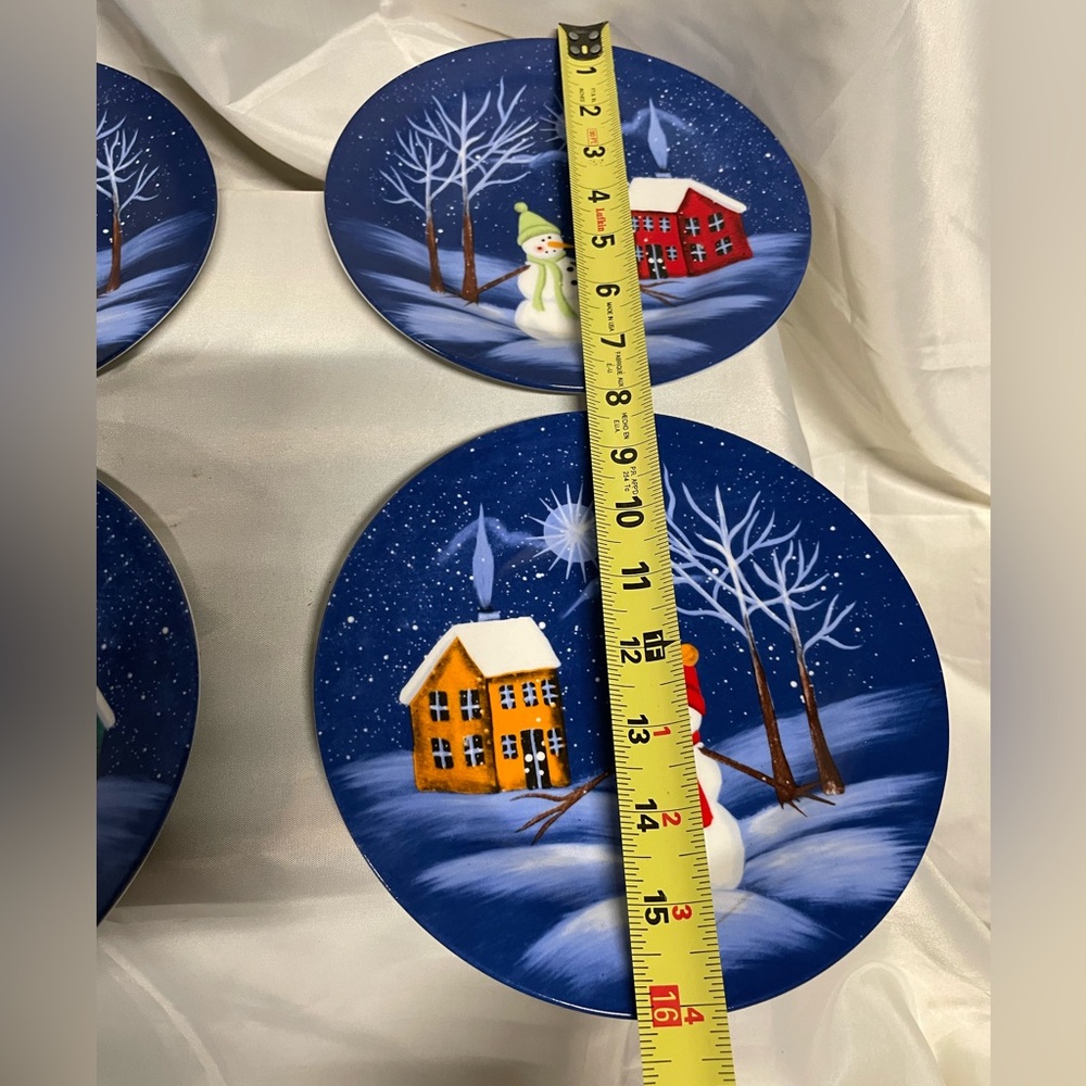 Hand-Painted Blue Snowman Holiday Dinner Plates - Set of 4 - Picture 2 of 9